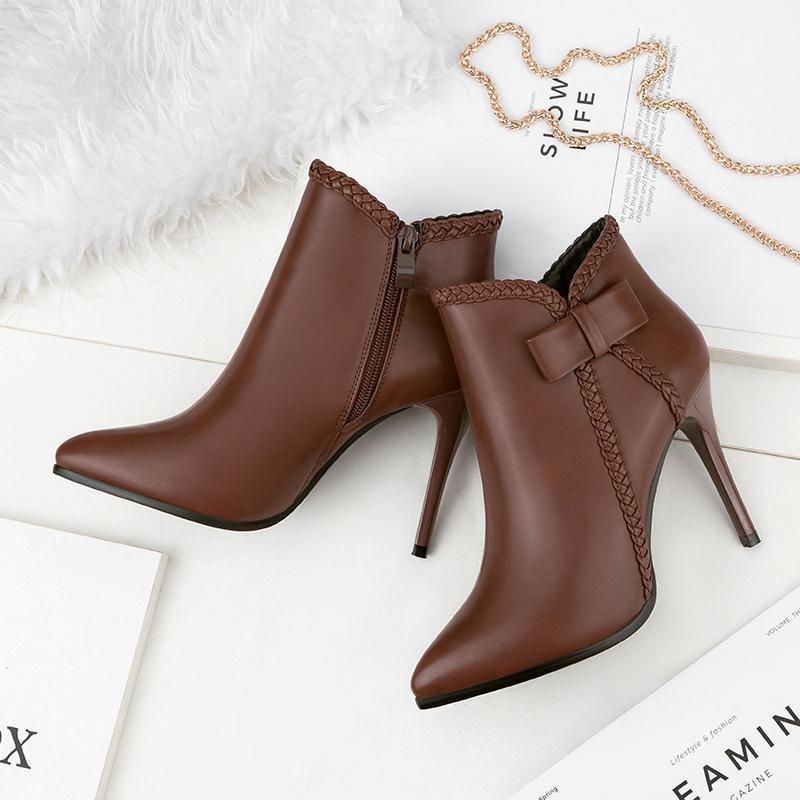 

Winter Women Plush Bow Boots Female Elegant Pointed Toe Stiletto Ankle Booties Lady 10.5cm High Heels Thin Club Shoes1, Black