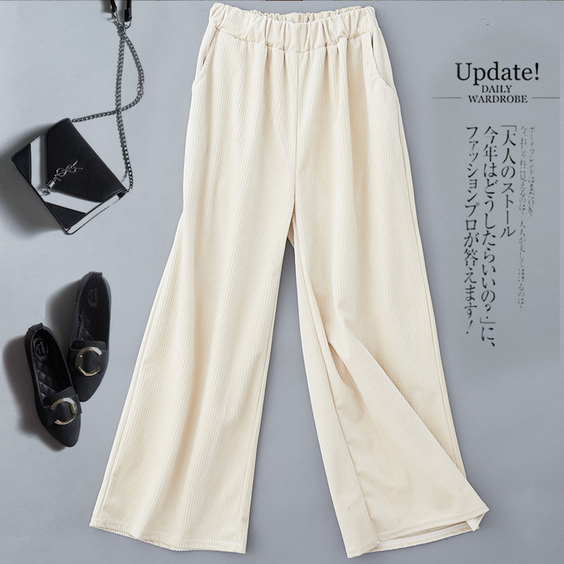 

2021 New White Corduroy Women Solid Autumn Winter Fashion Causul Simple High Waist Wide Leg Pant Elegant Daily Style All Match Rnei, Black pants