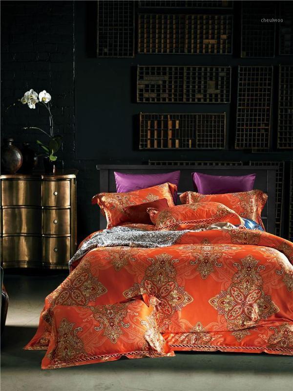 

Cotton Imitate Silk Satin Orange Green Purple Luxury Bohemia Bedding sets Queen King size Duvet cover Bed sheet set Bed cover1, Color 6