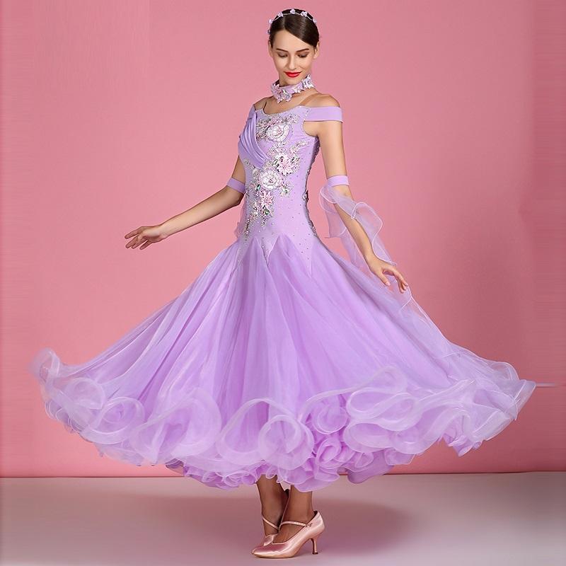 

purple ballroom dance dress women waltz dance costumes clothes for dancing wear short sleeves long dress fringe