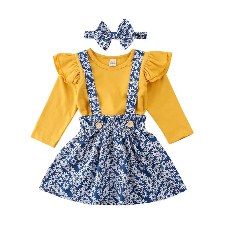 

Toddler Kids Baby Girls Clothes Sets 3pcs Outfits Ruffles Solid T-shirt Tops +Floral Dress Suspender Headband Clothes, As pic