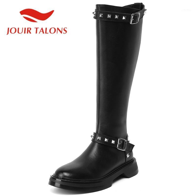 

JOUIR TALONS Ladies On Sale Fashion Shoes Genuine Leather Round toe Buckles Knee Boots Zip Solid Autumn Square Thick Heels1, Beige