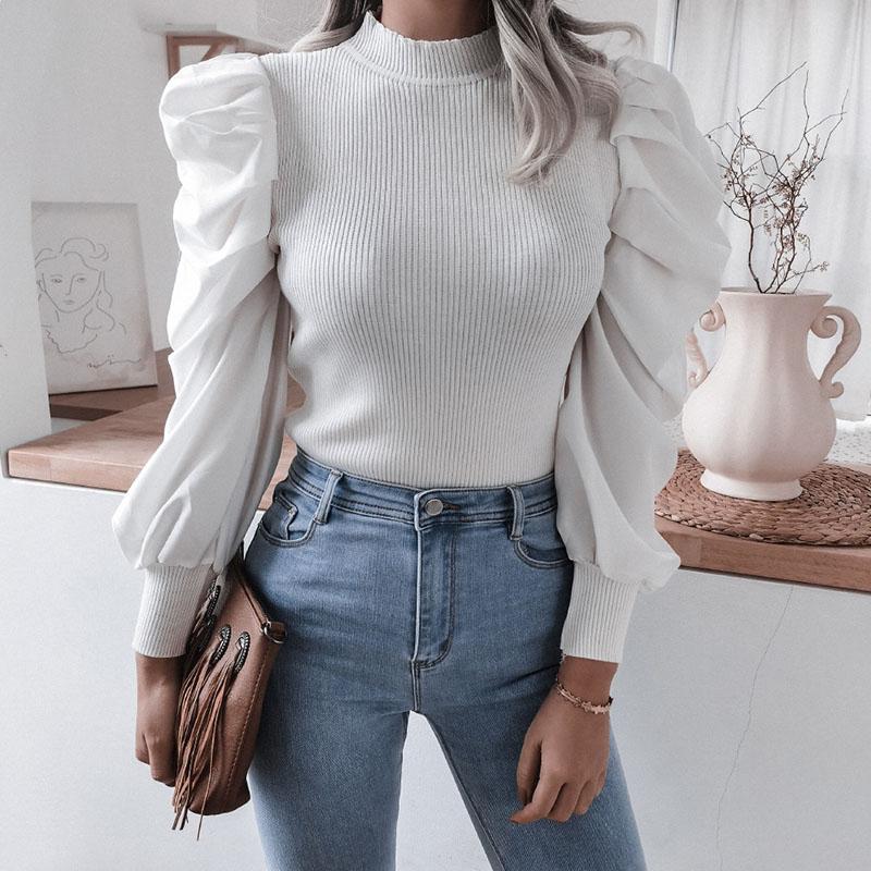 

Women Shirts Blouses 2021 Spring Cotton Elegant Puff Sleeve Sweater Casual Solid Color Round Neck Women' Blouse Pullover, White