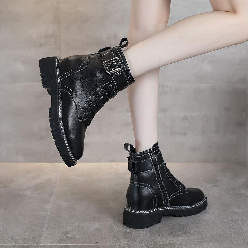 

Autumn genuine leather short boots women's thick bottom inner Increased casual lace up women side zipper student booties EA-125, Black