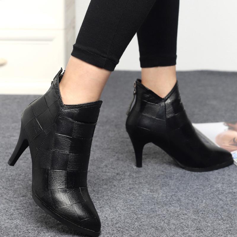 

Ankle Boots For WoMen Pointed Shoes Ladies Leather Back Zipper High-Heeled Short Boots Fashion Booties Warm Non-slip1, Black