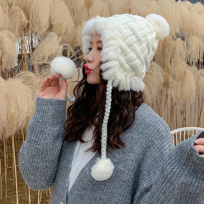 

Rancyword] New winter fur hats for women knitted fur hat with ball Ear Caps casual lady Bomber Hats beanies GJ3174, Khaki