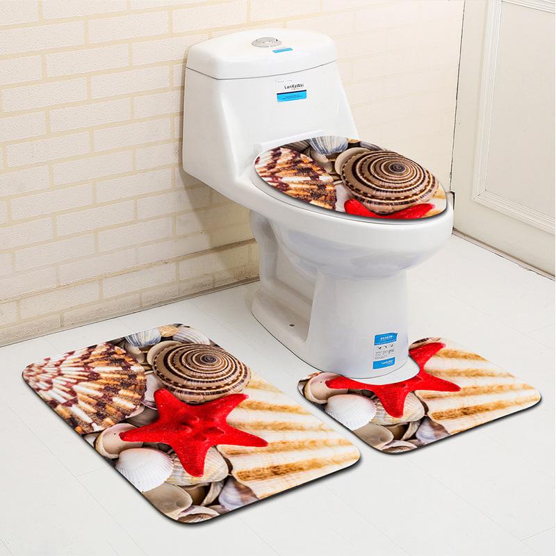 

Shells Pebbles Toilet Three-piece Floor Mat Door Mat Bathroom Rug Waterproof Carpets Toilet Seat Cover Floor Bathroom Decor