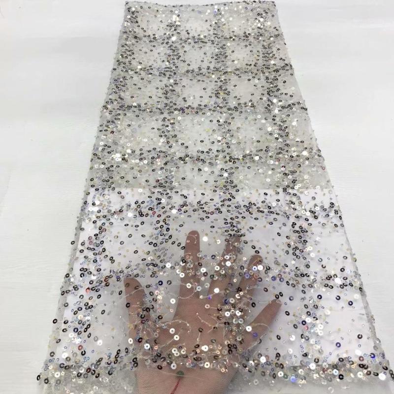 

WHITE 2020 New high quality French Nigerian sequins net lace,African tulle mesh sequence lace fabric for party dress 5yards/lot1