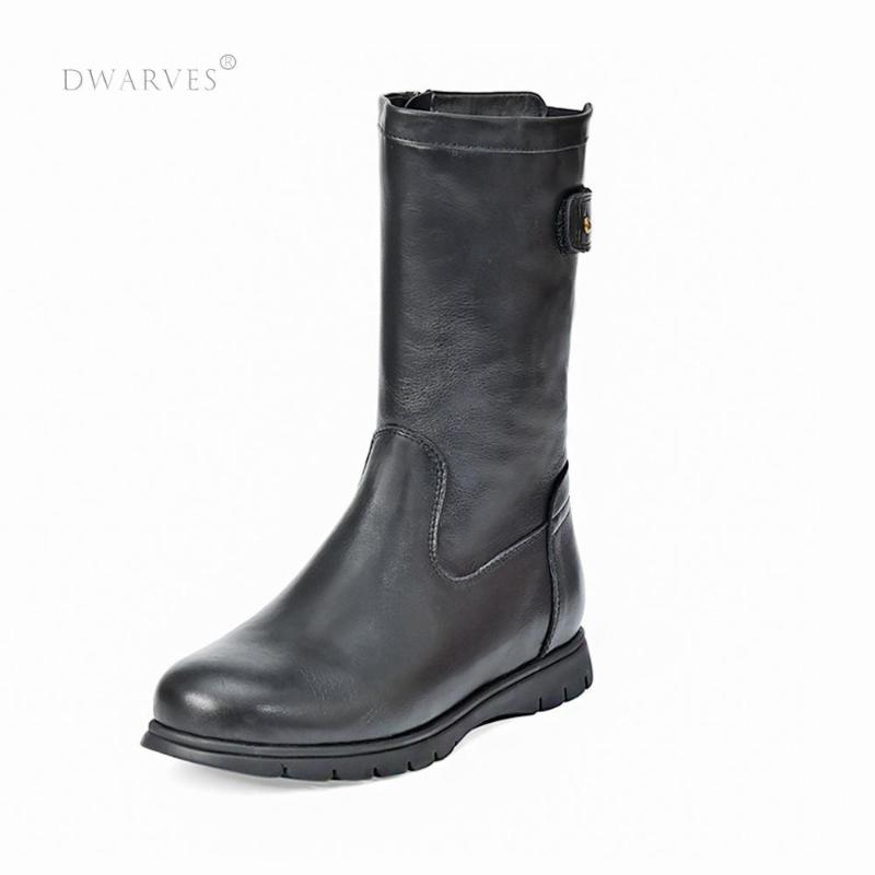 

Womens Retro Leather Mid Calf Boots For Winter Classic Black