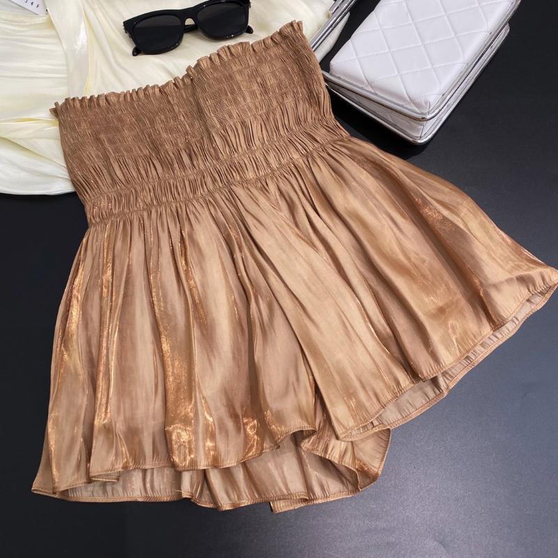 

2020 ladies fashion loose high waist elastic pleated solid color shorts 0720, Khaki