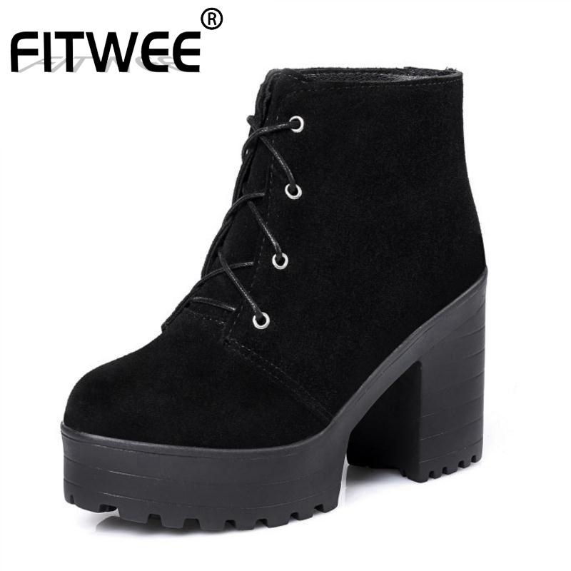 

FITWEE Women High Heel Boots Real Leather Winter Fur Warm Platform Ankle Boots Cross Strap Shoes Women Footwear Size 33-43, Black plush fur