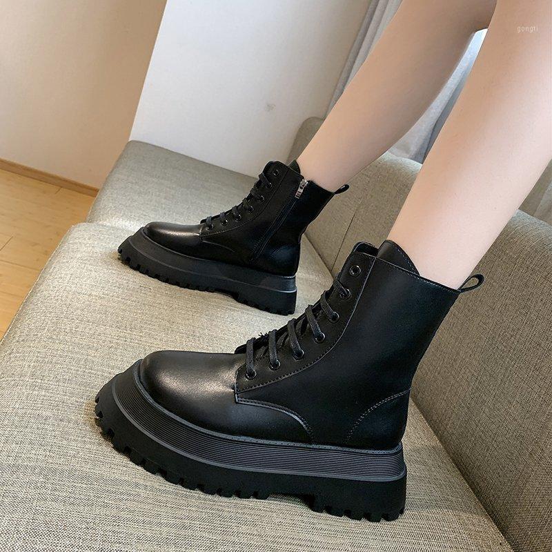

Dropshipping Fashion Motorcycle Boots Women Lace Up Zip Chunky New Platform Shoes Woman Thick Sole PU Leather Ladies Ankle Boots1, Black