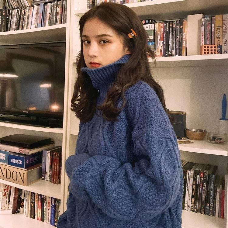 

2021 New Solid-colored Thick Collar High Female Sweater Student Fall and Lazy Winter Wind Loose Knitted Jacket 6FD1, Beige