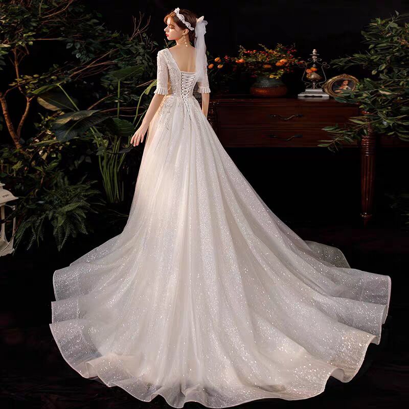 

2021 New Wedding Dress Cleavage on Top Mari E's Robe Half Sleeve Dressed As a Bride's Party EWZB, Same as the photos