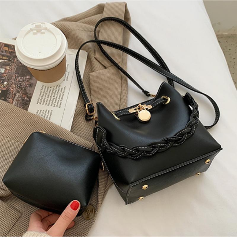 

2piece/set Women Pu Leather Bucket Shoulder Crossbody Bag, Black
