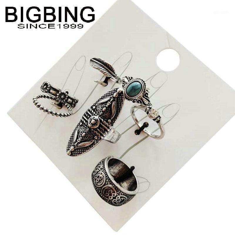 

M079 BIGBING fashion 7 pieces retro silver color flower multi size golden simple finger ring set women fashion jewelry1