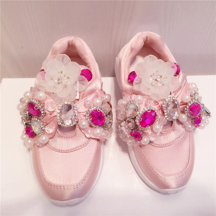 

Handmade Rhinestone Girls Shoes Diamond Sequins Beaded Silk Casual Shoes Bow Ribbon Childrens, Pink