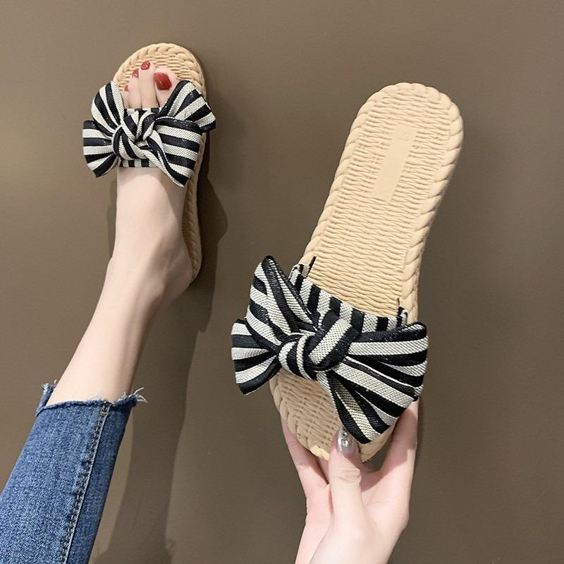 

Women's Shoes Summer Bow Knot Slippers Woman Fashion Flip-flops Vacation Beach Shoes Striped Flock Flats Slides Pantoufle 2021, Red striped