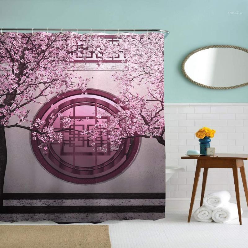 

60 x 72 inches Shower Curtain Caved Pattern Window Purple Flowers Blossoms Water Soap Resistant Machine Washable Fabric Bathroom1