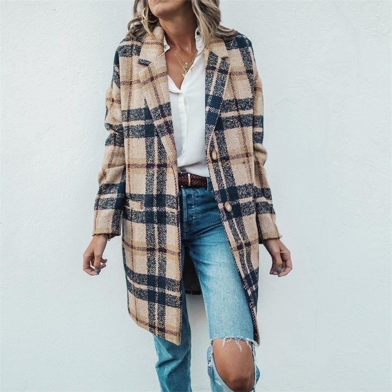 

Fall Clothes for Women Fashion Plaid Printing Long Jacket Lapel Trench Coat Overcoat Winter Wool Coat Women abrigos mujer 201124, Khaki