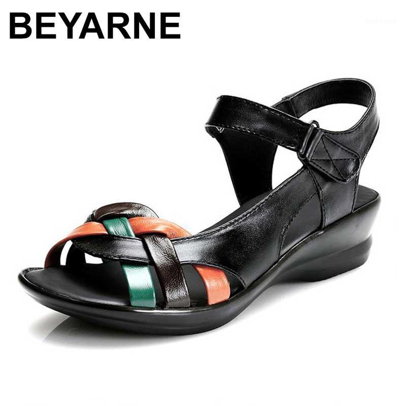 

BEYARNE 2020 Summer women genuine leather sandals wedges open toe shoes comfortable female sandals mother shoes plus size(35-42)1, Multi