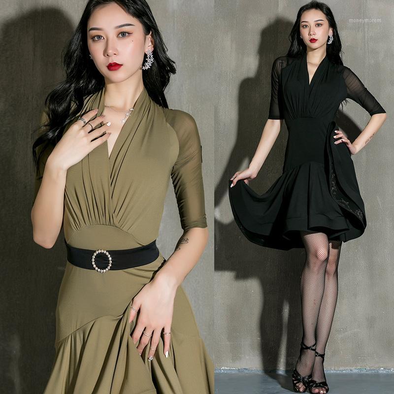 

New Latin Dance Dress Women's Ballroom Dance Wear Sexy Mesh Medium Sleeve Fish Bone Dresses Samba Tango Practice Clothes DWY42561, Black
