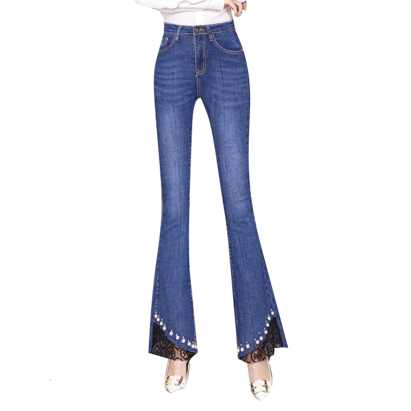 

2021 New Women Nine Pant Irregular Spring Lace Pearls Beading Jeans Flare Pants High Waist Stretch Slim Denim Trouser Mujer Y36 52l7, Navy blue