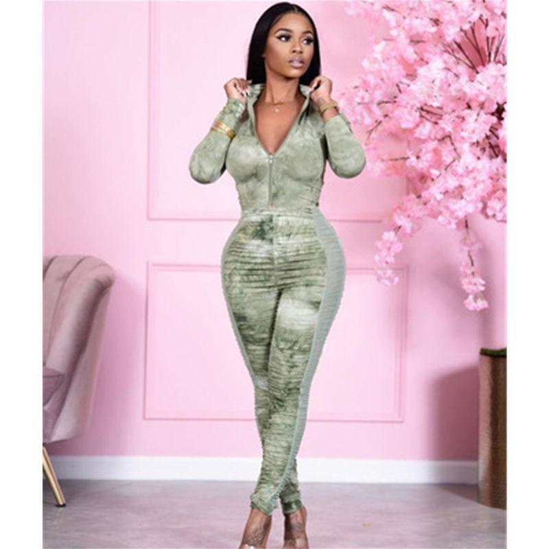 

Womens Pleated Mesh Skinny Rompers Fashion Trend Long Sleeve Zipper Neck Tops Pants Jumpsuits Designer Spring Female Splicing Casual Rompers, Green