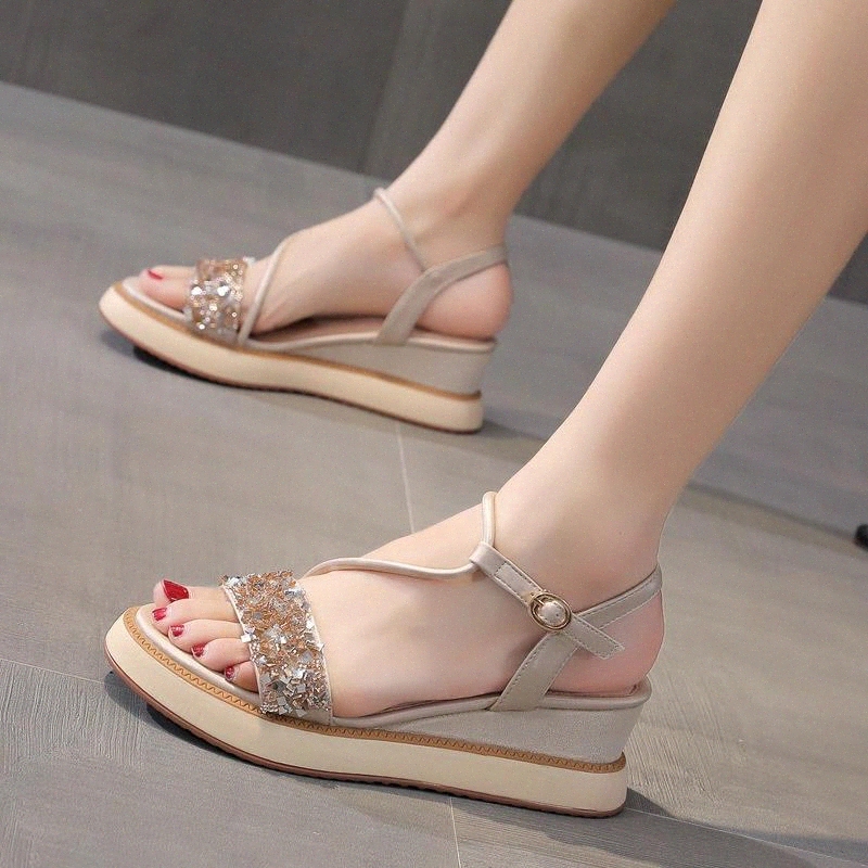 

2020 Fashion High Heels Women Summer Shoes Elegant Ladies Brand Footwear Women Wedges Sandals 6cm A2492 #Yb06, Beige