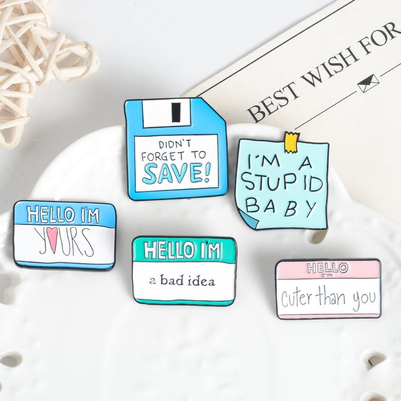 

Pins, Brooches Paper Strip Message Lapel Pins Brooch Light Blue White Bagdes Cute Tips Floppy Disk Enamel Denim Jackets Shirt Jewelry