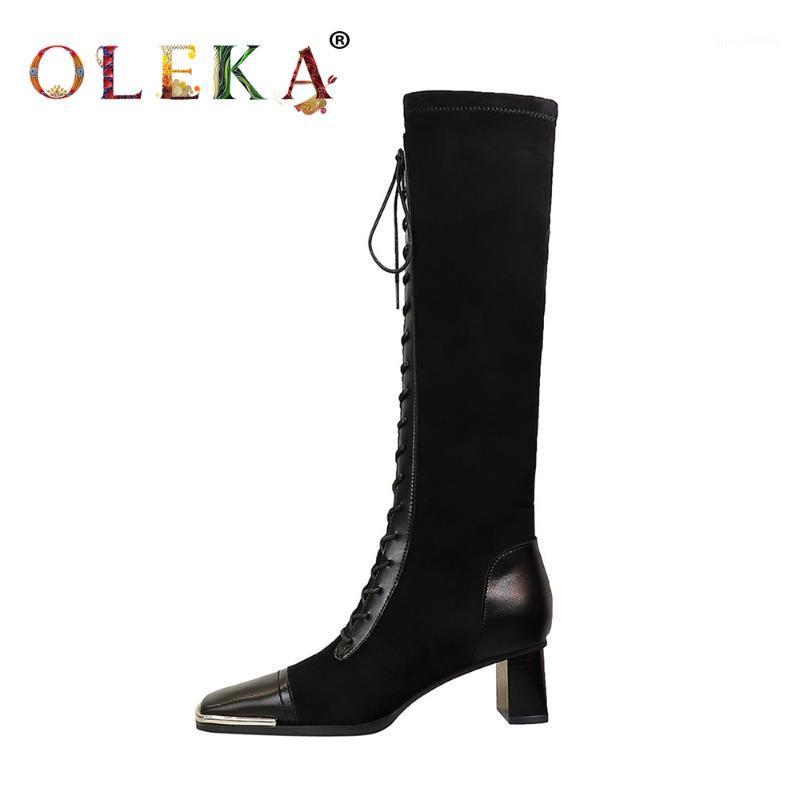 

OLEKA Knee-high Winter Leather Boots Women Square Heel Rome Square Toe Ladies Boots Fashion Style Western New AS7641, Black
