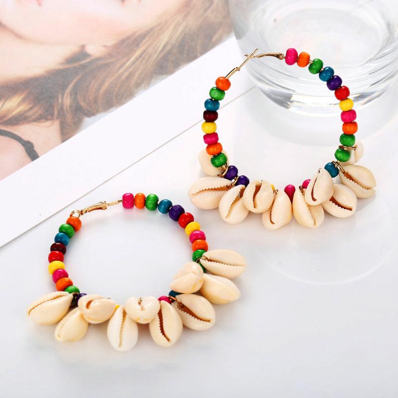 

2020 new natural shell Tassel Earrings retro national style colorful wooden bead Circle Earrings