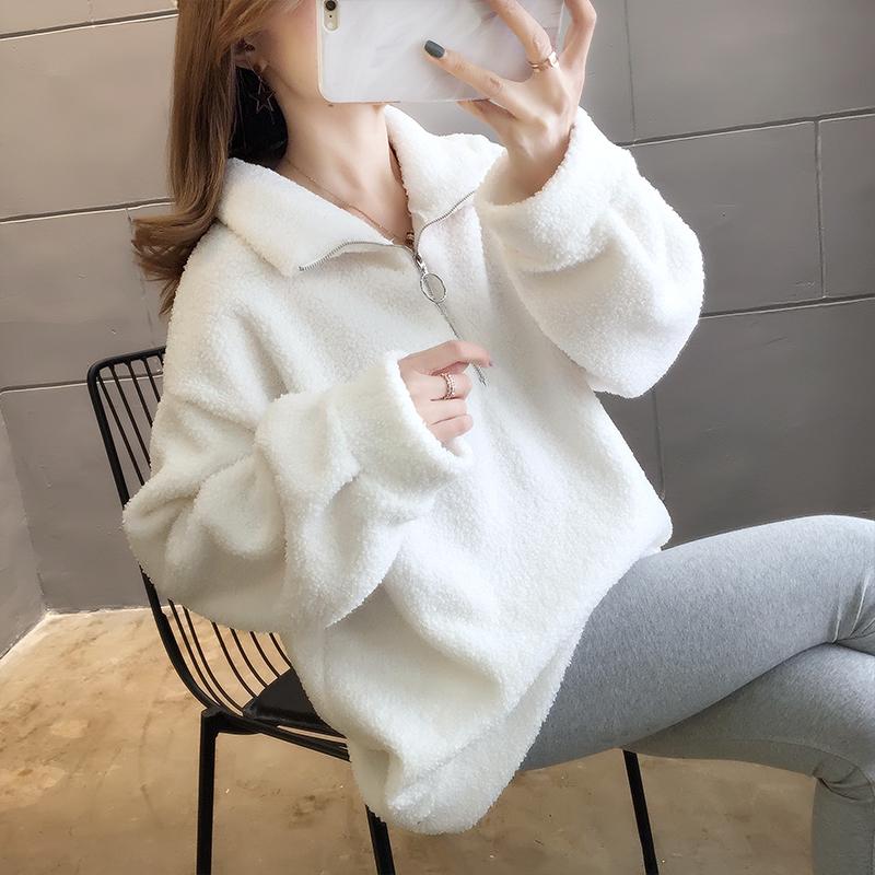 

2021 Winter Korean Version Plus Velvet Thickened Zipper Large Size Ladies Solid Color Hoodie, Black