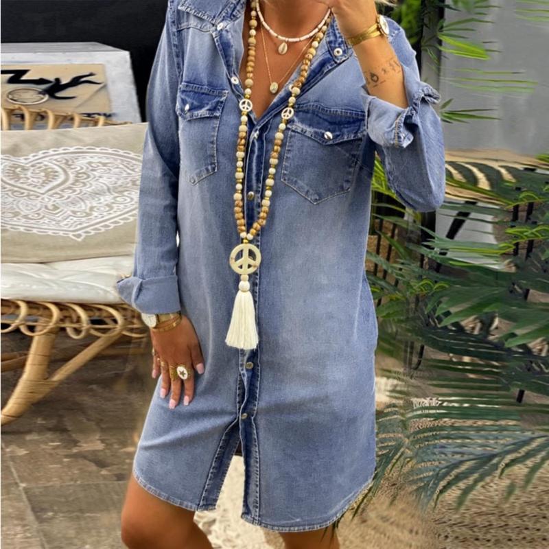 

35 Women's Summer Denim Dress Casual Turndown Neck Denim Party Dresses Long Sleeve Swing Dress Office Roupa Feminina, Blue
