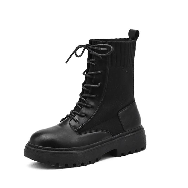 

New Fashion Women Knitted Elasticity Autumn Boots Platform Boots Lace up Ankle for Women Chunky Heels Shoes Woman, Black