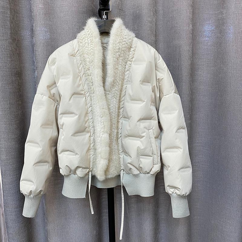 

2020 Women Winter Duck Down Coats With Real Collar Trim Thick Jacket Female Fashion Outerwear Genuine Knitted Mink, White
