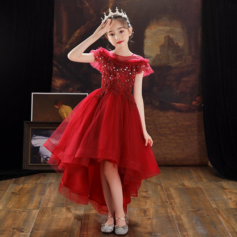 

Girl's Dresses Red High Low Flower Girl For Wedding Elegant O-Neck Short Front Long Back Puffy Tiered Tulle Kids Prom Gowns, Red;yellow