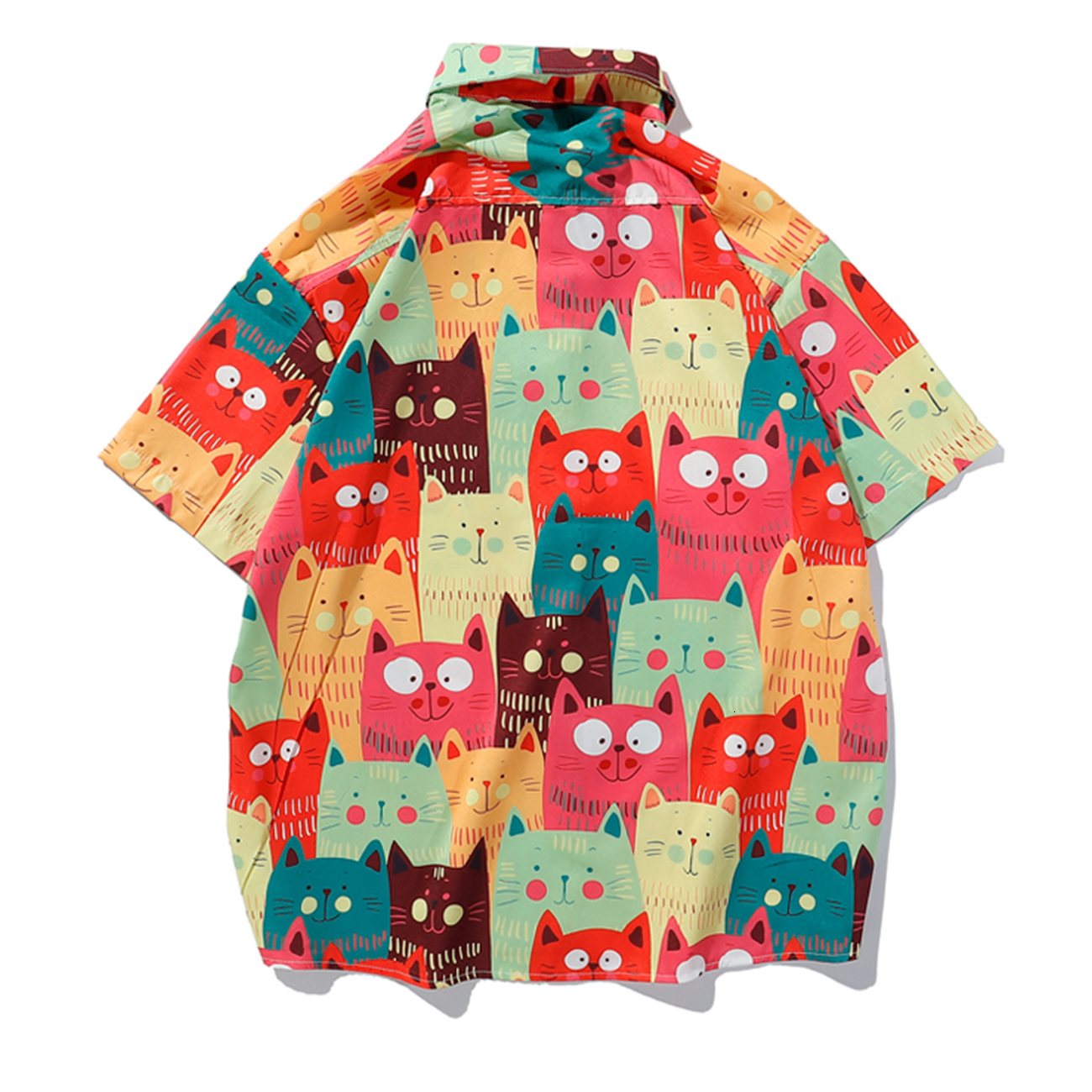 

2021 New Aelfric Eden Cartoon Cat Print Streetwear Men Summer Casual Harajuku Short Sleeve Hawaii Beach Tops Hip Hop Cotton Shirts Wryw, Gray