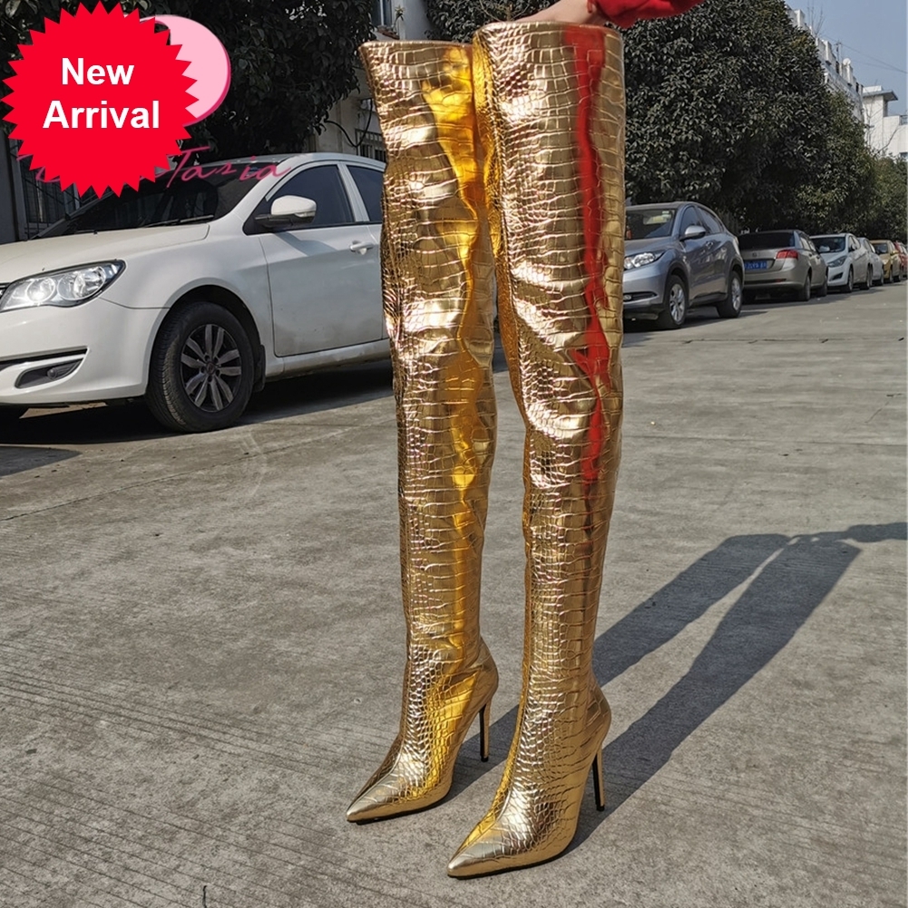 

2021 The New Size 35-47 Female High Heels on Her Knee Toe Thigh Boots Sexy Women Gold Shoes 5ull, Gold 1