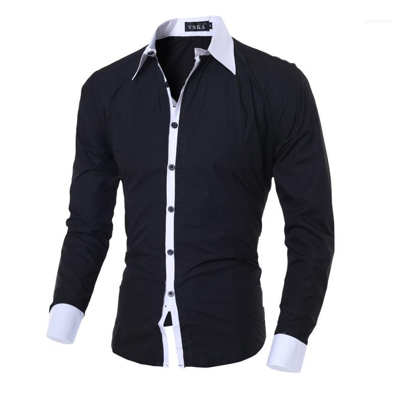 

Men Shirt Black White 2017 Male Long Sleeve Shirts Casual Solid Multi-Button Hit Color Slim Fit Dress Shirts M-2XL11
