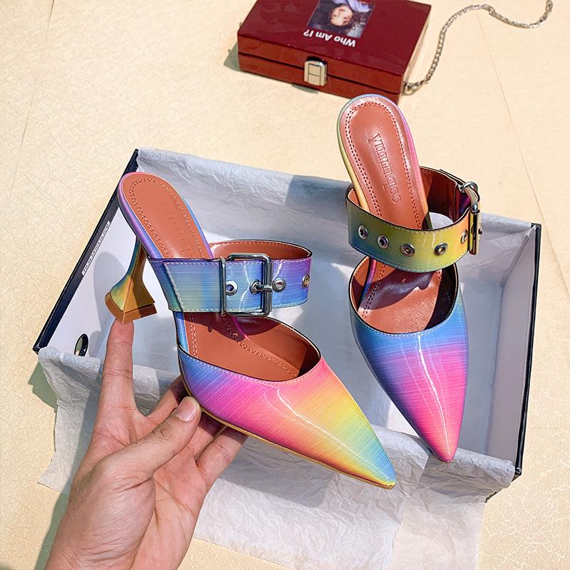 

Women Lady silver rainbow Rhinestone Crystal High Heels Shoes Slingback Pumps bridal wedding Sandals shallow square heel, Pink