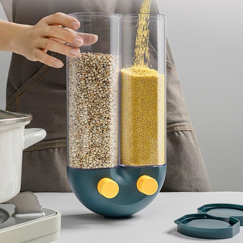 

Kitchen Grains Dry Dispenser Divided Sealed Storage Tank 2 Grids Wall-Mounted Storage Containers