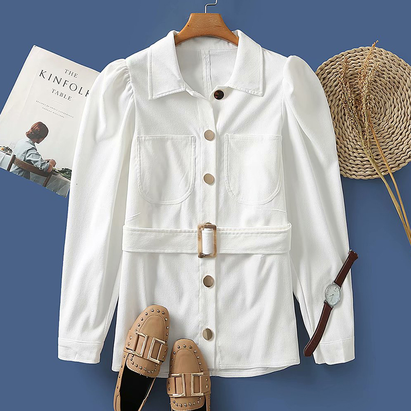 

2021 New Spring Autumn Women Cotton Corduroy Coat with Belt Single-breasted Vintage Jacket Pocket Female High Quality Outwear Parkas B9vr, White