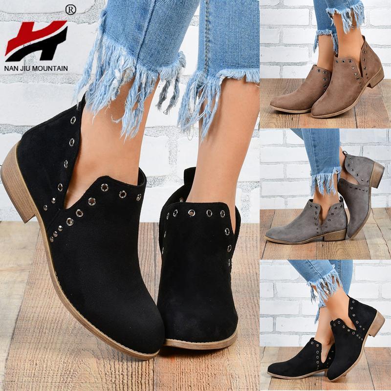 

NAN JIU MOUNTAIN 2020 Ankle Boots Low Heel Women Boots Metal Decoration Solid Color Flat Spring Autumn Women Shoes1, Gray
