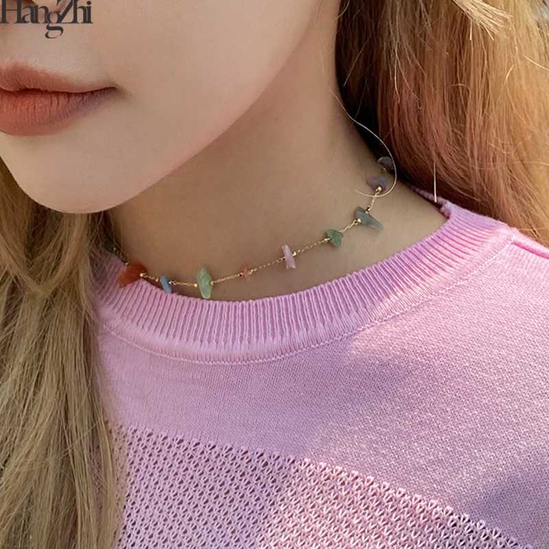 

Chokers HangZhi 2021 Korean Natural Irregular Geometric Colorful Transparent Stones Clavicle Collar Chain Choker Necklace For Women