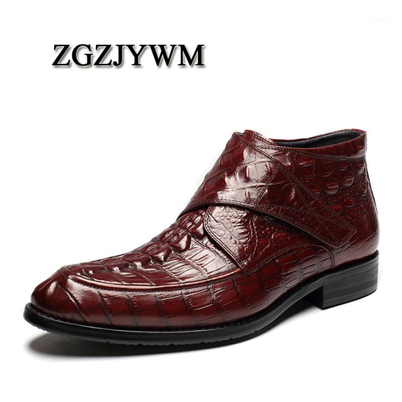 

ZGZJYWM Crocodile Pattern Breathable High Quality Genuine Leather Boots Hook & Loop Pointed Toe Oxford Ankle Boots For Men1, Black