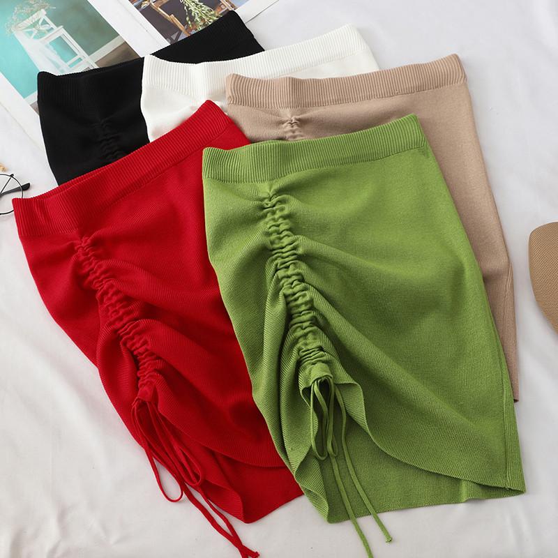 

SINGRAIN Design Drawstring Knitted Skirt Women Elastic Slim Sexy Pencil Skirt Autumn Winter High Waist Bodycon Sweater Skirts, Green