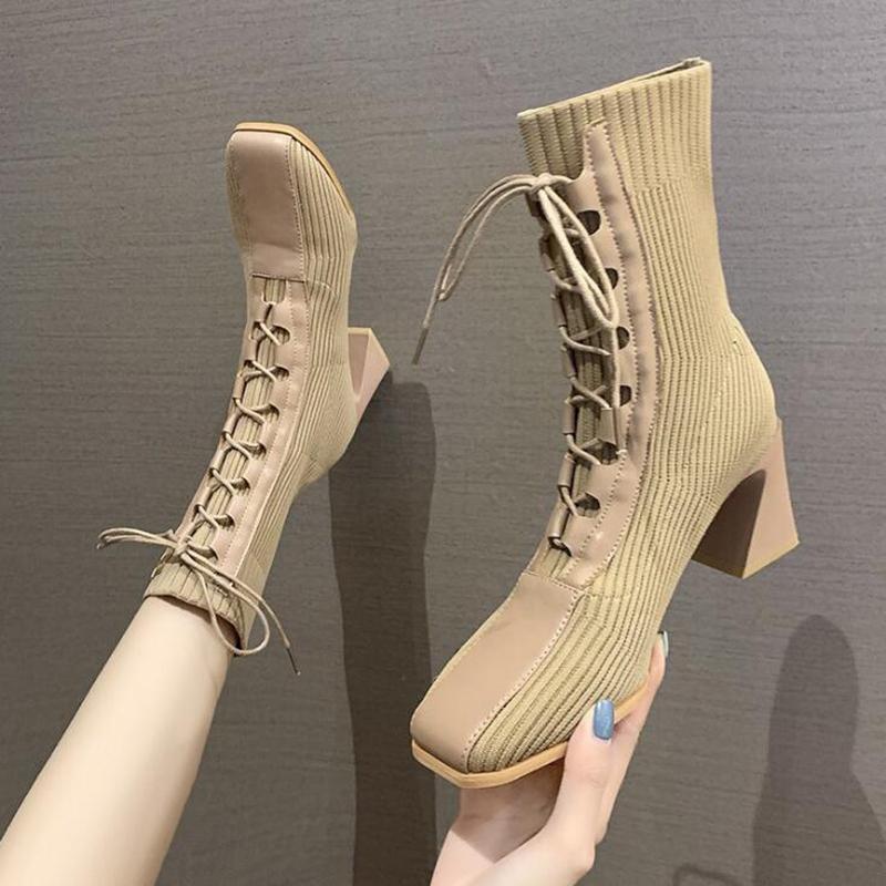 

Ankle Boots Women Boots Women Shoes Woman Fashion High-heeled Stretch Socks 2021 Autumn New Breathable Short D598, Beige