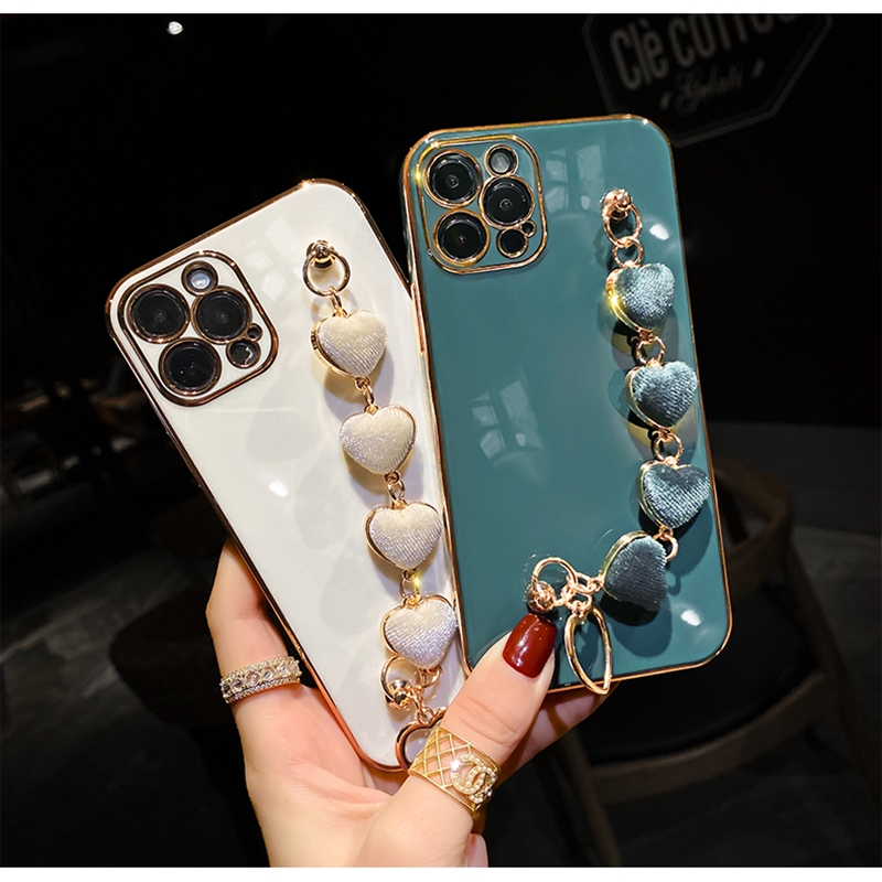 Luxury Plating Heart Metal Bracelet Phone Chain Case Cases for iPhone 13 Pro Max 12 11 MiNi XR XS X 7 8 plus SE Cover-image-755224635