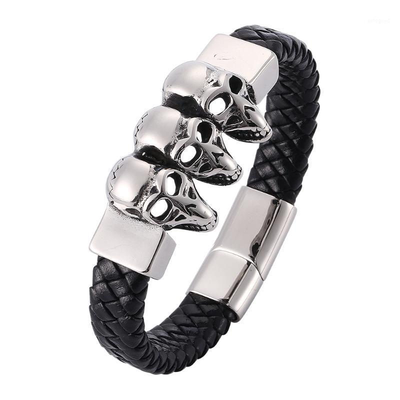 

Charm Bracelets Retro Three Skull Men's Woven Black Leather Bracelet Stainless Steel Magnetic Buckle Fashion Simple 7-PW9181